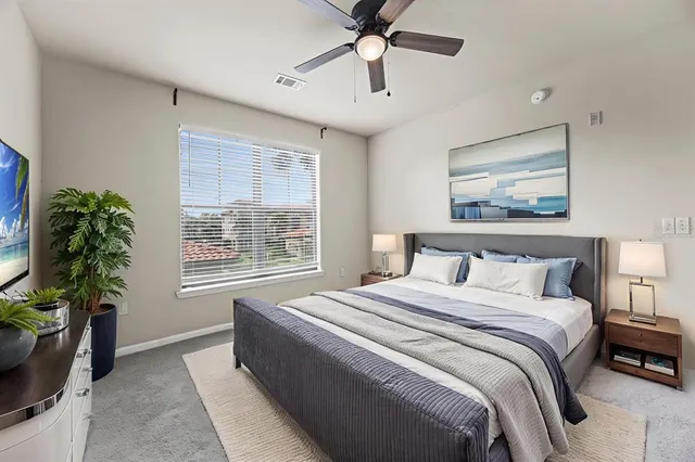 a bedroom with a large bed and a window