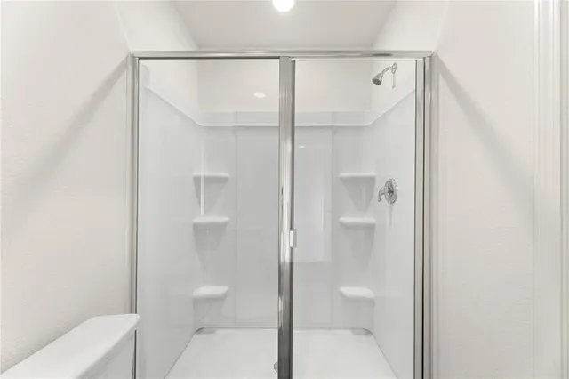 a bathroom with a shower and toilet
