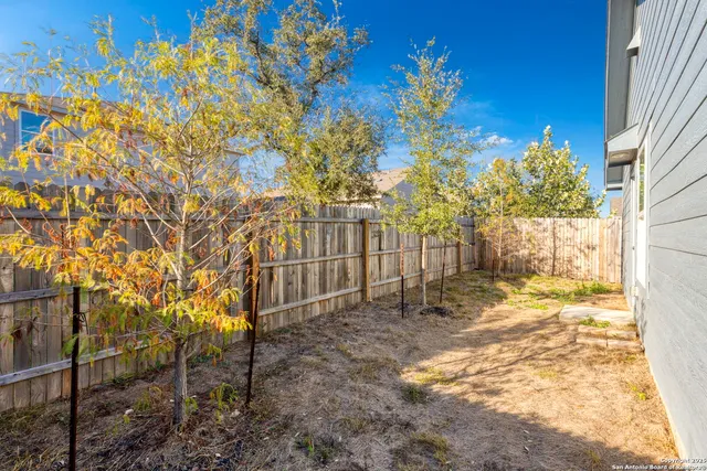a view of a yard with plants and wooden fence