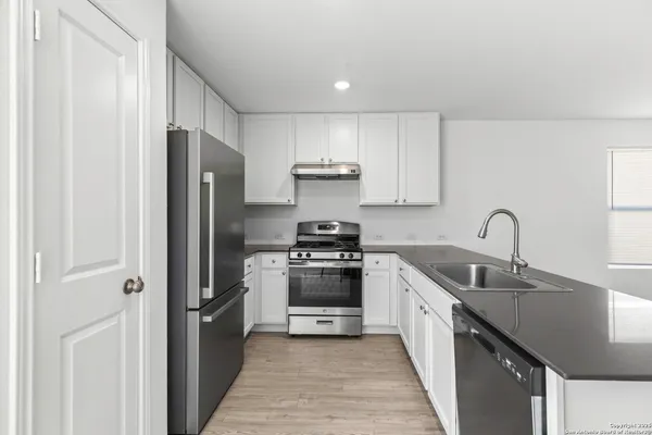 a kitchen with a sink cabinets and stainless steel appliances