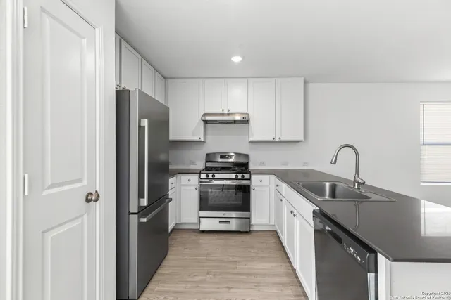 a kitchen with a sink cabinets and stainless steel appliances