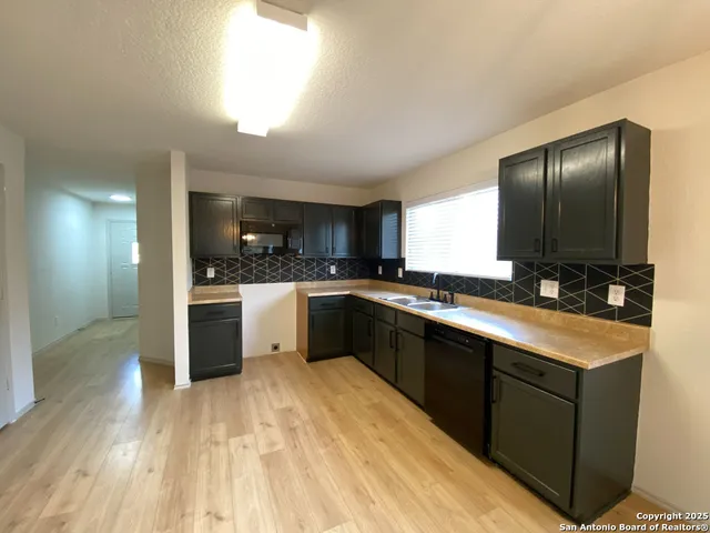a large kitchen with a sink and cabinets
