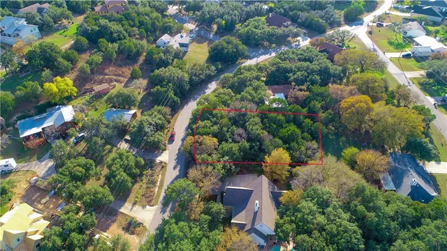 an aerial view of a house with a yard potted plants and large tree