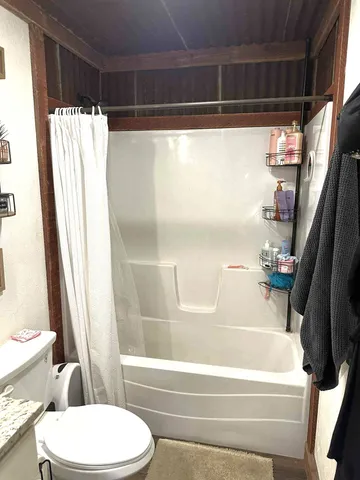 a bathroom with a shower and a toilet