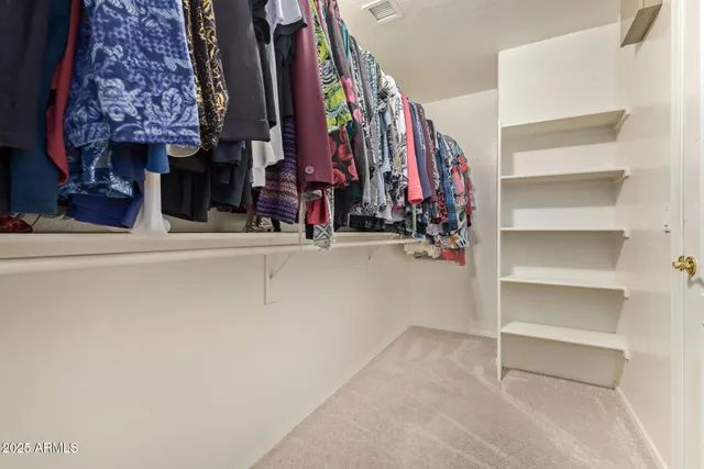 a view of walk in closet with clothes and shoes