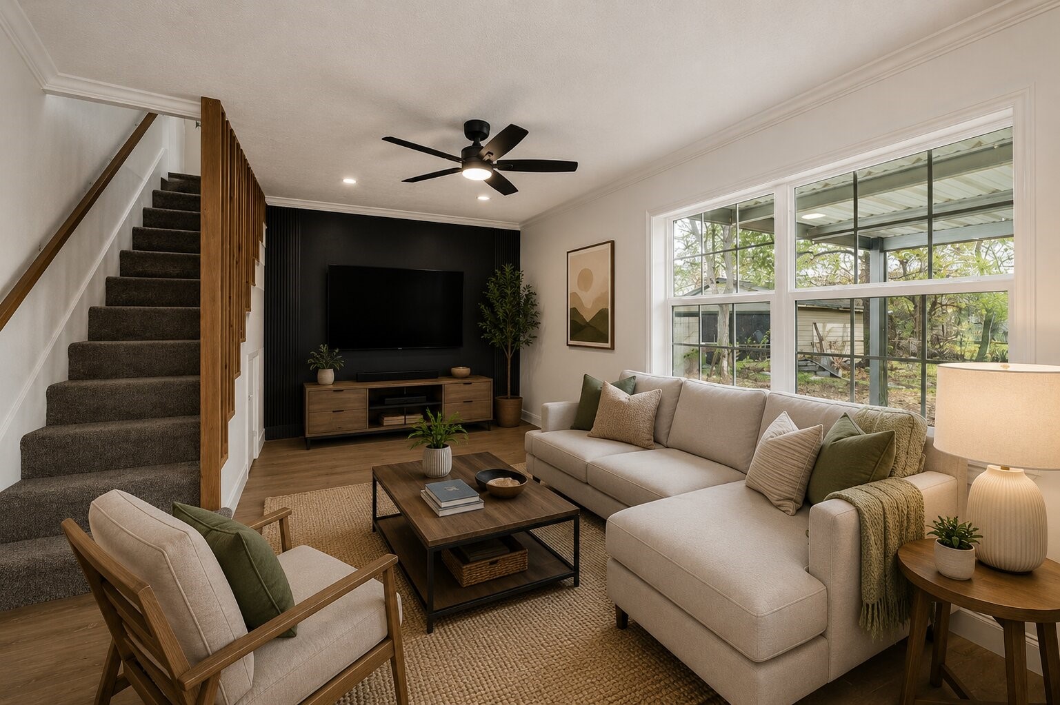 513 Main Street Pasadena, TX 77506 - Photo 1 of 35 a living room with furniture a ceiling fan and a flat screen tv