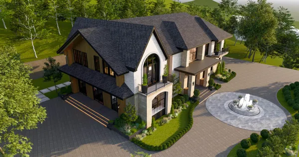 an aerial view of a house with outdoor space and trees all around