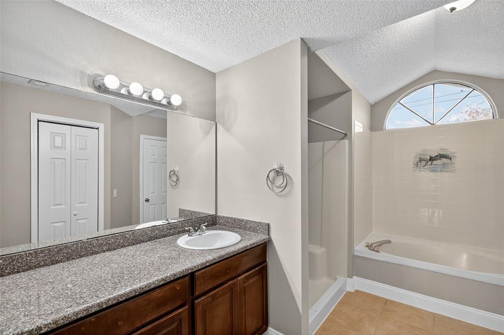 2737 East Dorchester Drive Deltona, FL 32738 - Photo 26 of 32 a bathroom with a granite countertop sink a mirror and a bathtub