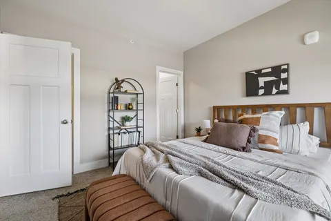 a bedroom with a bed and a walk in closet