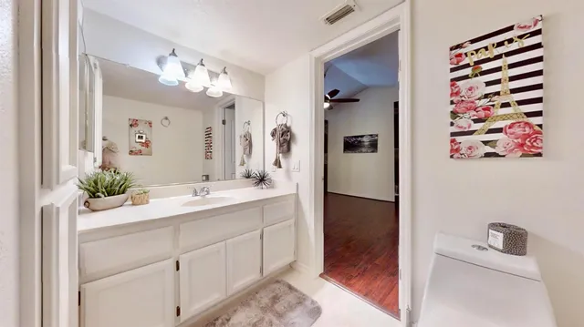a bathroom with a sink a mirror and a shower