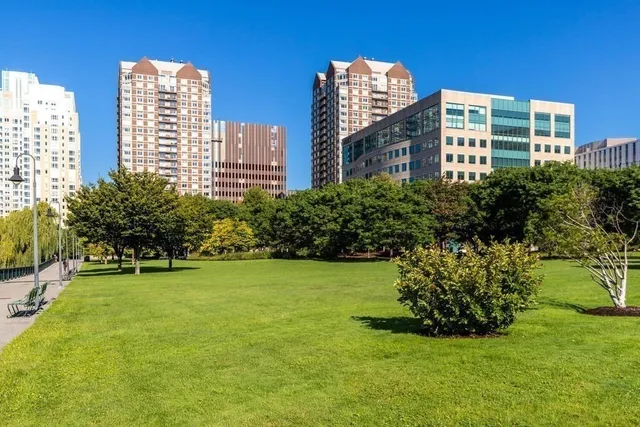 a view of a big yard next to a tall building