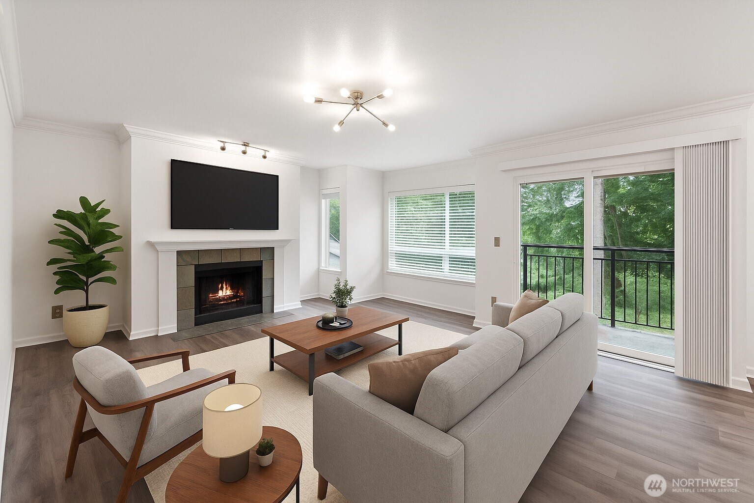 31500 33rd Place Southwest, Unit C203 Federal Way, WA 98023 - Photo 3 of 28 a living room with furniture a large window and a fireplace