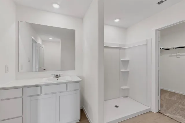 a bathroom with a shower sink vanity and mirror