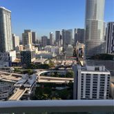 a city view with tall buildings