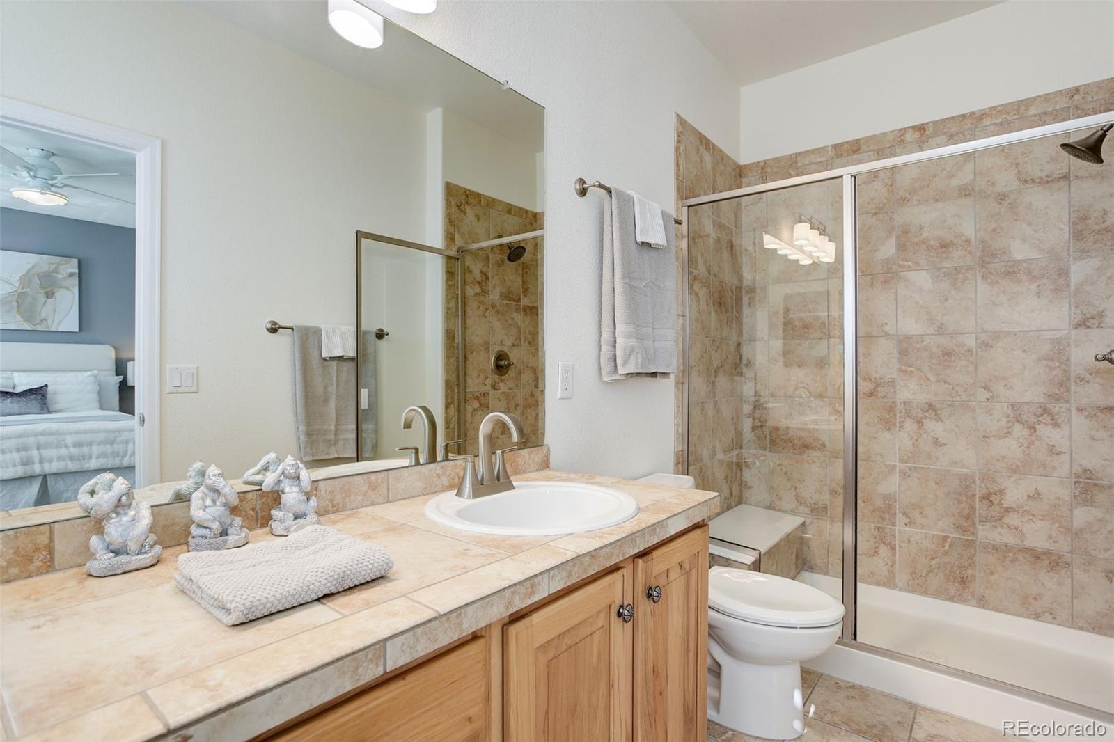 674 Bristle Pine Circle, Unit D Highlands Ranch, CO 80129 - Photo 25 of 31 a bathroom with a granite countertop sink mirror toilet and shower
