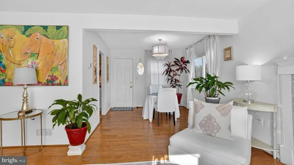a living room with furniture potted plant and wooden floor