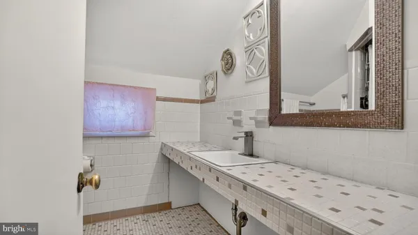 a bathroom with a sink a mirror and a shower
