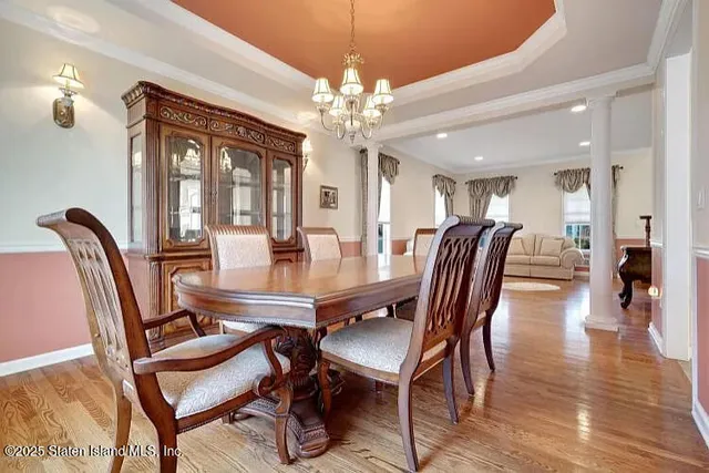 a view of a dining room with furniture