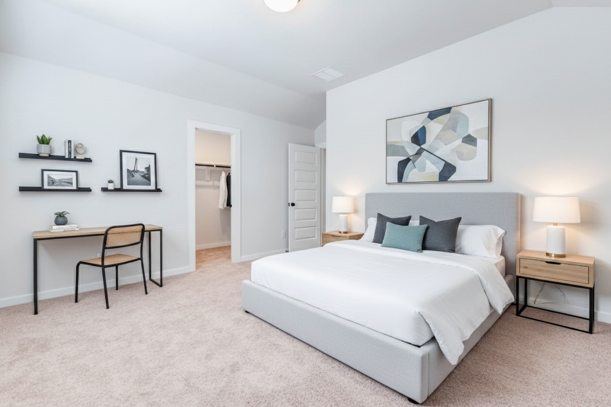 6406 Pomona Court Rosharon, TX 77583 - Photo 6 of 33 This view highlights the walk-in closet off one of the upstairs bedrooms, providing great storage and organization potential. With plenty of hanging space and shelving, it’s both practical and spacious. This photo has been virtually staged for visual reference.