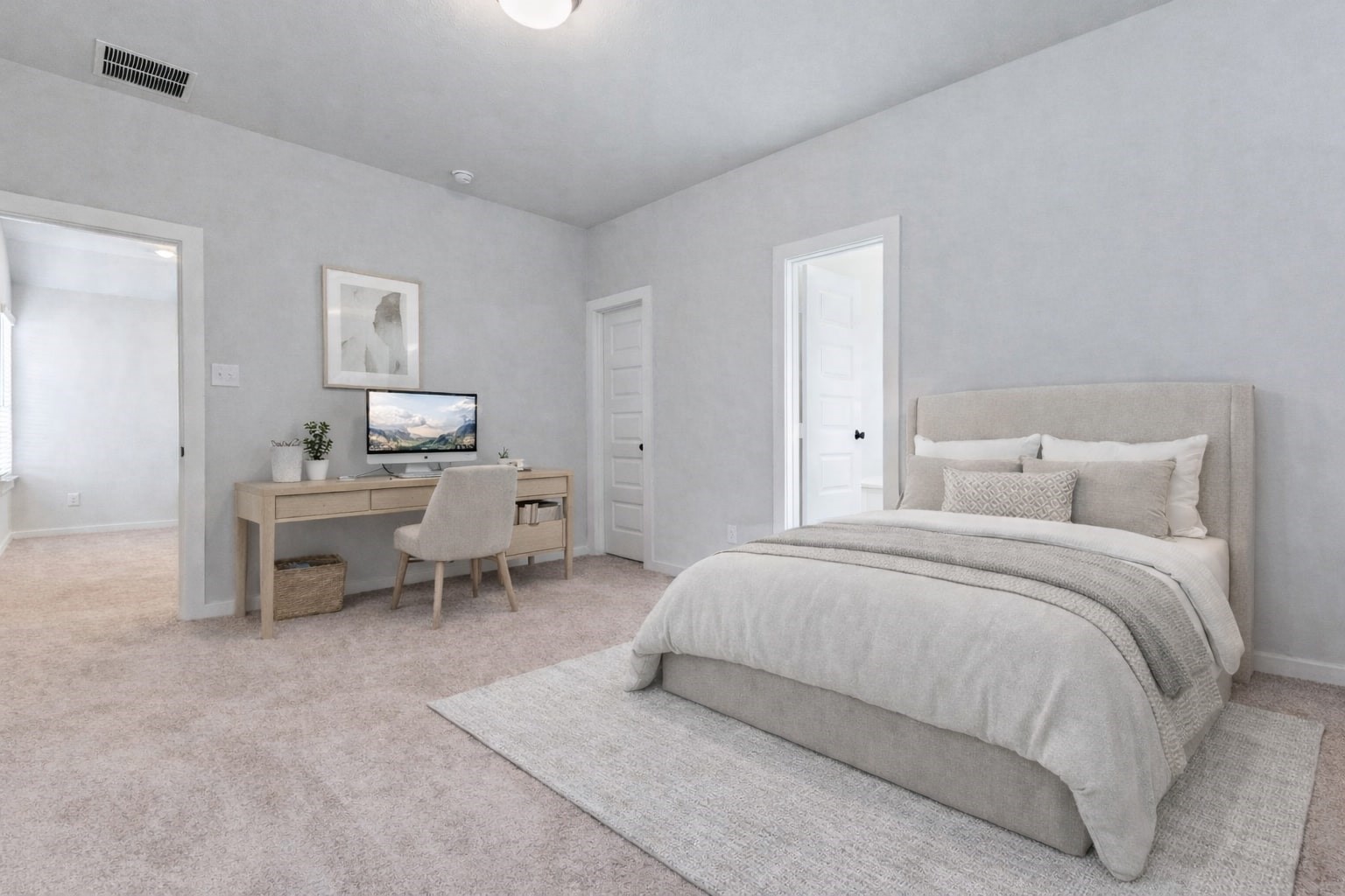 6406 Pomona Court Rosharon, TX 77583 - Photo 7 of 33 One of three upstairs bedrooms, this secondary room includes direct access to a full en suite bathroom. Neutral carpeting, ample natural light, and walk-in closet space make this a cozy and private option for guests or family members. This photo has been virtually staged for visual reference.