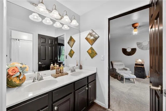 a bathroom with a sink a mirror and a light fixture