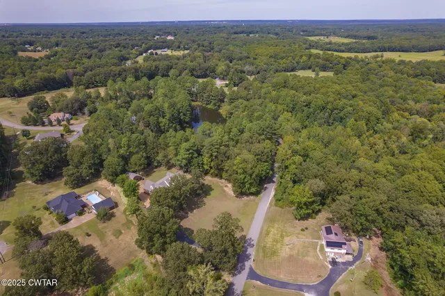 an aerial view of residential houses with outdoor space and trees