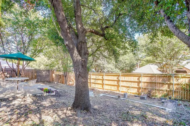 a view of backyard with large tree and wooden fence