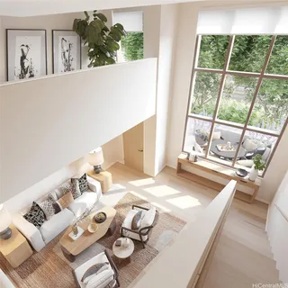a view of a dining room with furniture and a large window