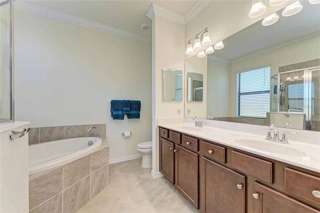 12440 Amica Loop Venice, FL 34293 - Photo 43 of 87 a spacious bathroom with a granite countertop sink a large mirror and a bathtub