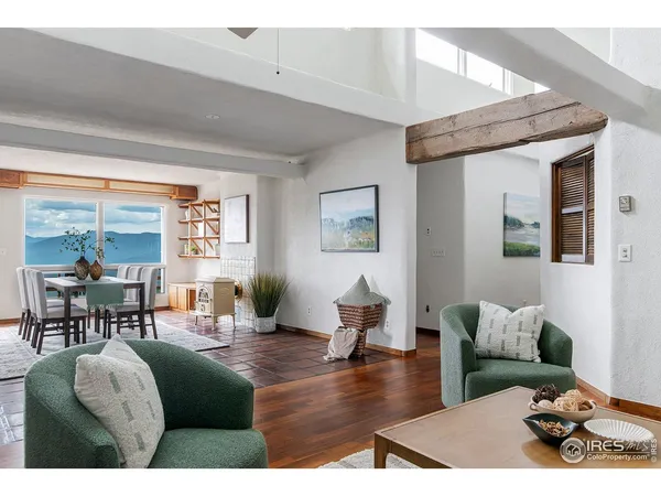 a living room with furniture a rug and a potted plant