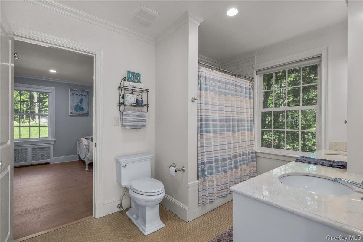 135 Pines Bridge Road Katonah, NY 10536 - Photo 25 of 40 a bathroom with a granite countertop toilet a sink and a bathtub