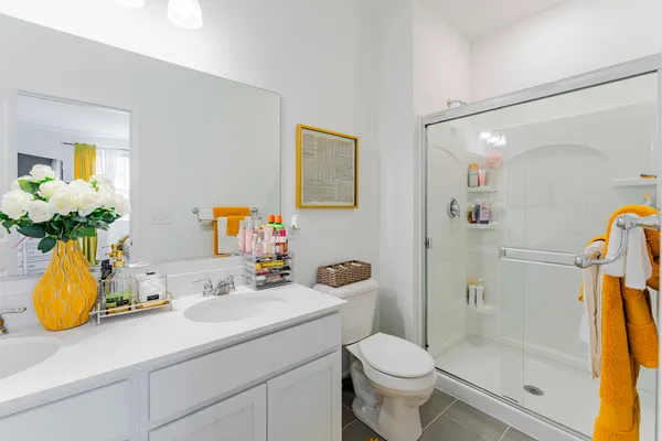 a bathroom with a sink mirror vanity and toilet
