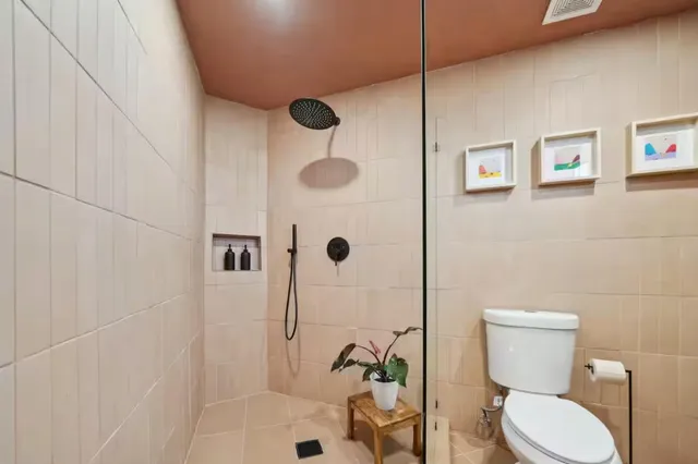 a bathroom with a toilet and a shower