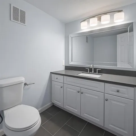 a bathroom with a granite countertop toilet sink and mirror