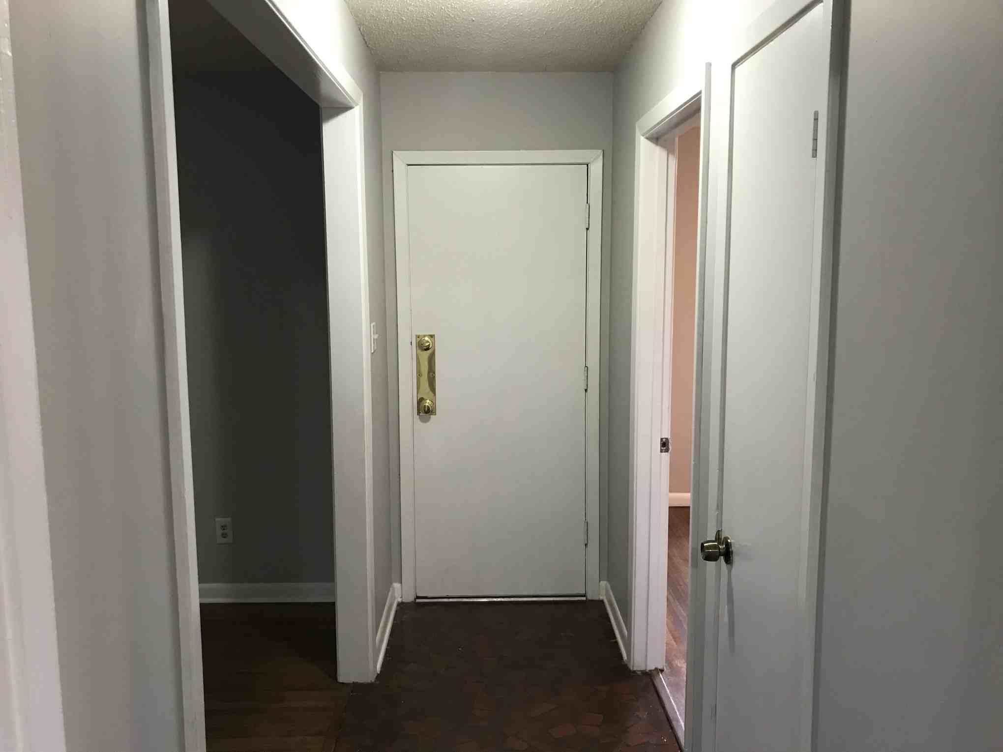 4502 Cottonwood Road Memphis, TN 38118 - Photo 7 of 16 Entryway featuring a white door with brass hardware, wood-finish flooring, and neutral wall paint