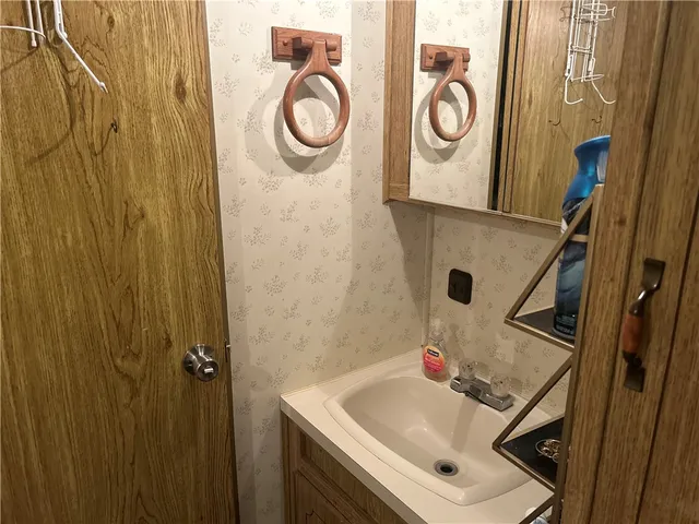 a bathroom with a sink and a mirror