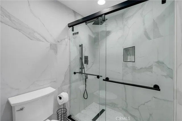 a bathroom with a shower and toilet