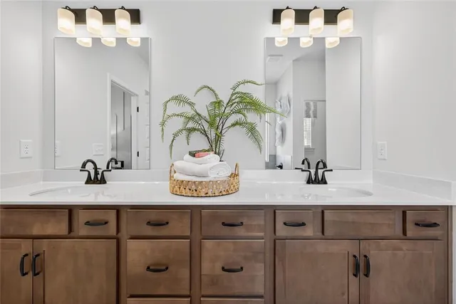 a bathroom with a sink vanity and a mirror