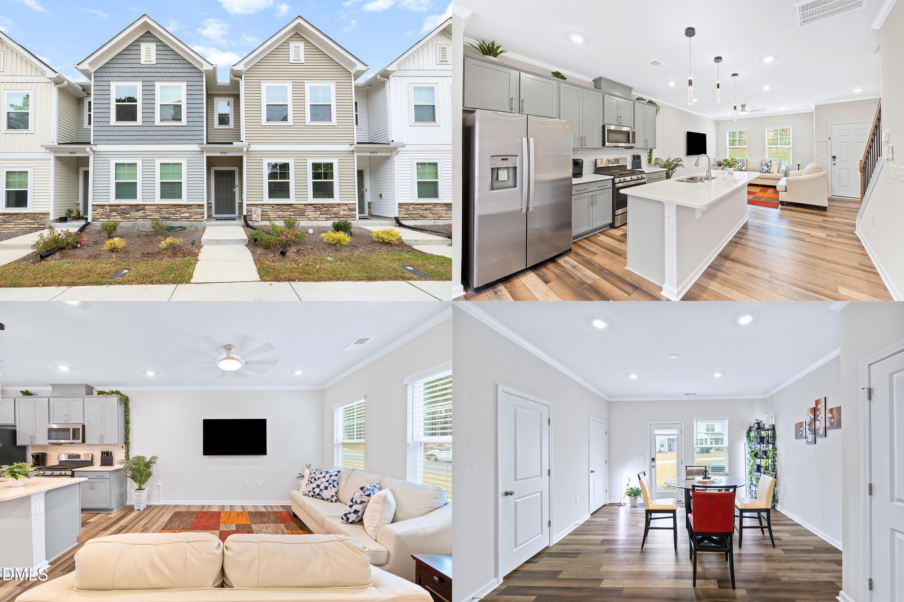a living room with furniture and view of kitchen