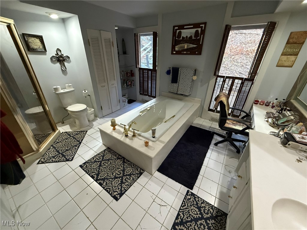 8116 Deer Road Southwest Bowerston, OH 44695 - Photo 26 of 49 Full bathroom with a closet, light tile patterned floors, a garden tub, and a shower stall