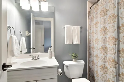 a bathroom with a sink mirror and toilet