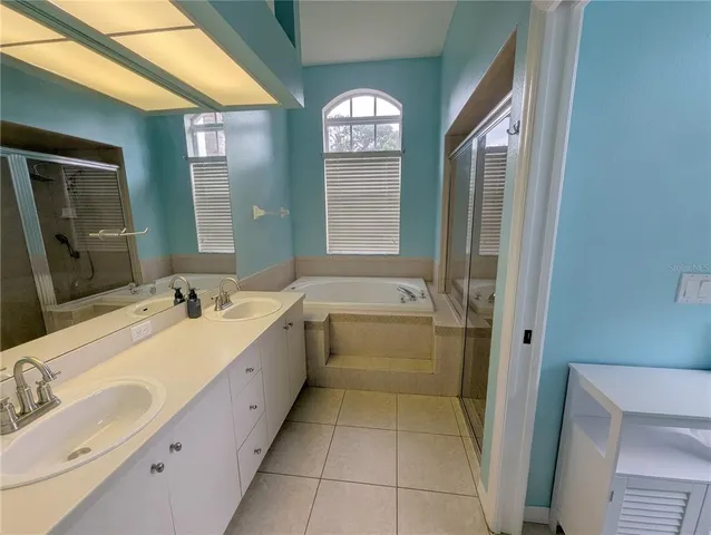 a bathroom with a tub sink and mirror