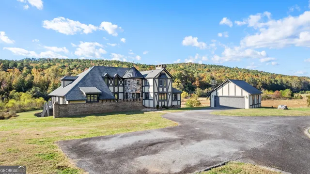 a view of house with a big yard and large trees