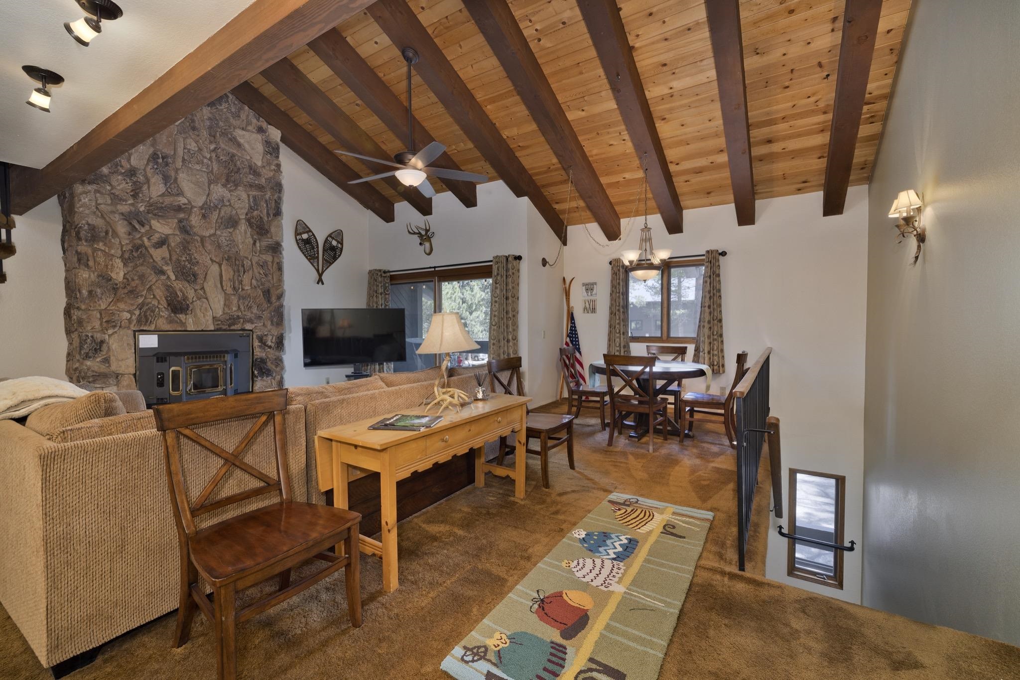 484 Manzanita Road, Unit 16 Mammoth Lakes, CA 93546 - Photo 6 of 34 a living room with furniture a fireplace and a flat screen tv