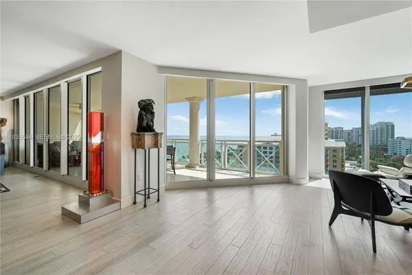 a living room with furniture and a floor to ceiling window