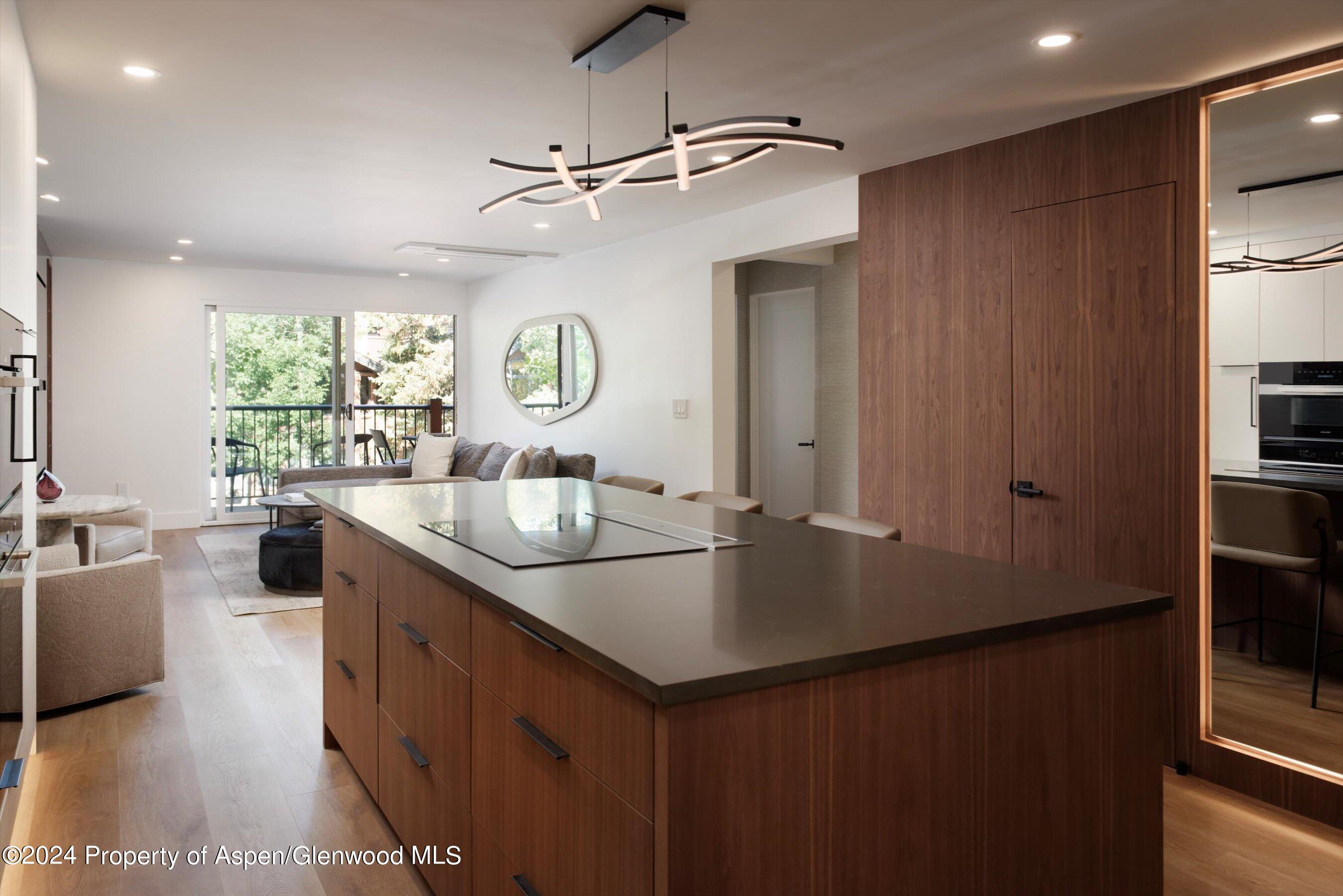 205 East Durant Avenue, Unit 1I Aspen, CO 81611 - Photo 14 of 45 a kitchen with granite countertop a sink stainless steel appliances a large window and a counter top space