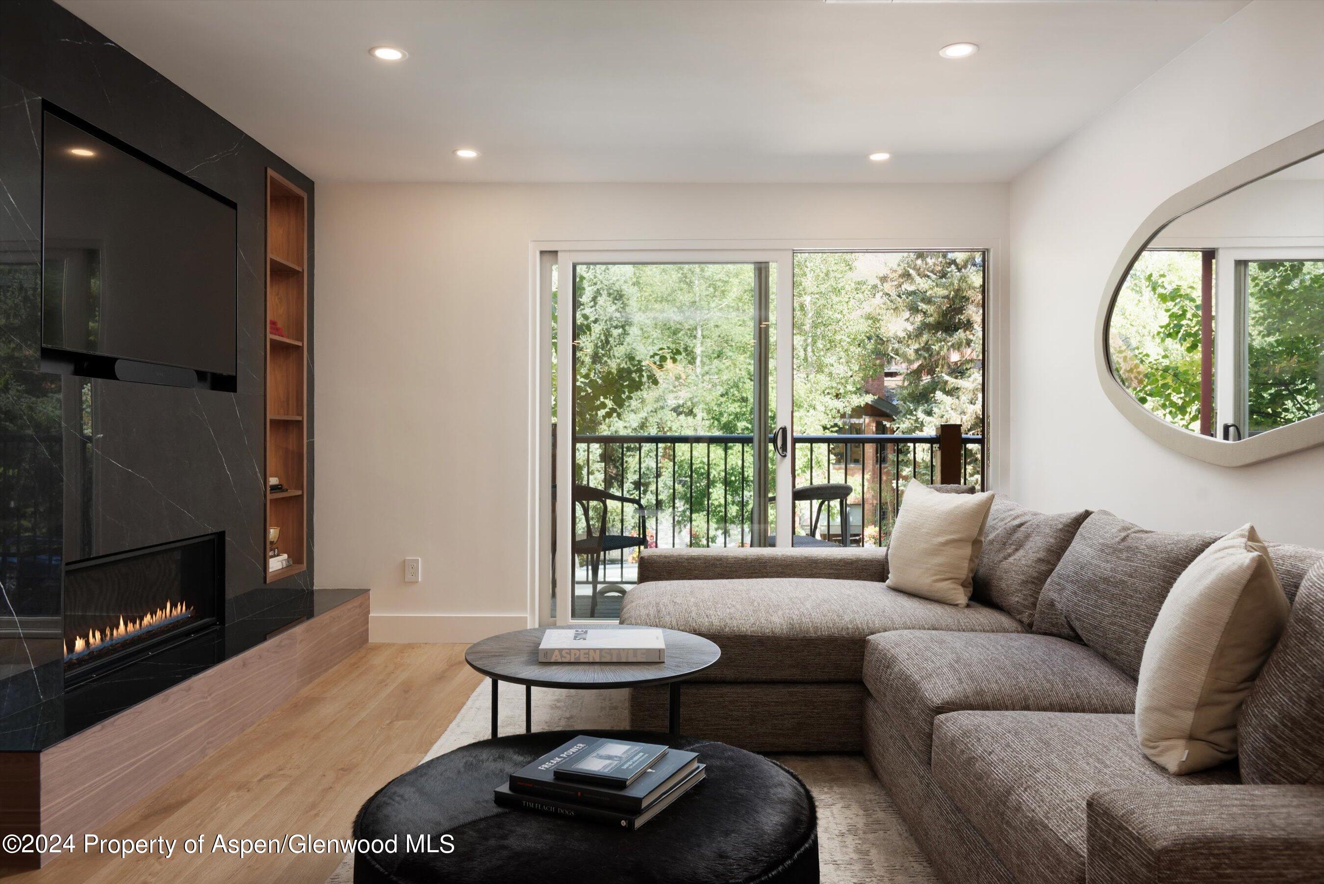 205 East Durant Avenue, Unit 1I Aspen, CO 81611 - Photo 3 of 45 a living room with furniture and a fireplace