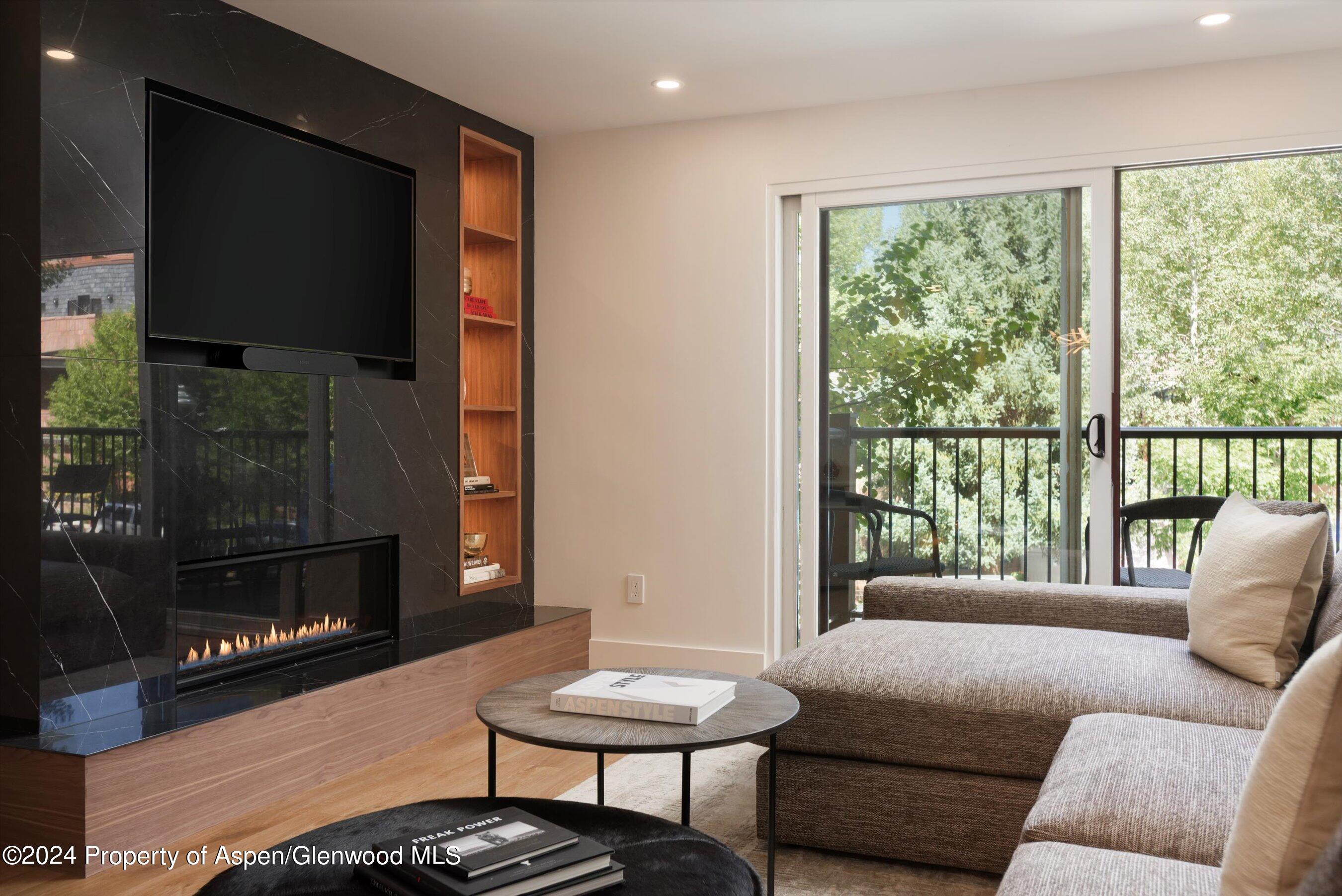 205 East Durant Avenue, Unit 1I Aspen, CO 81611 - Photo 4 of 45 a living room with furniture and a fireplace