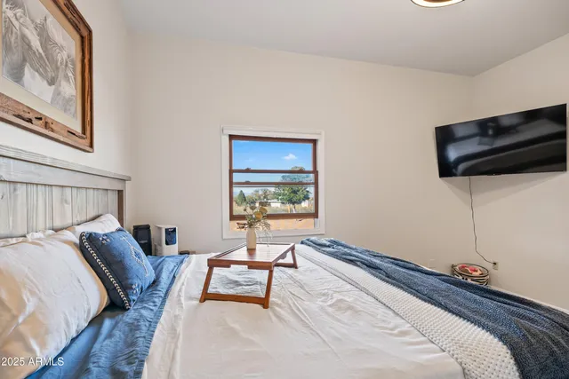 a bedroom with a bed and a flat screen tv