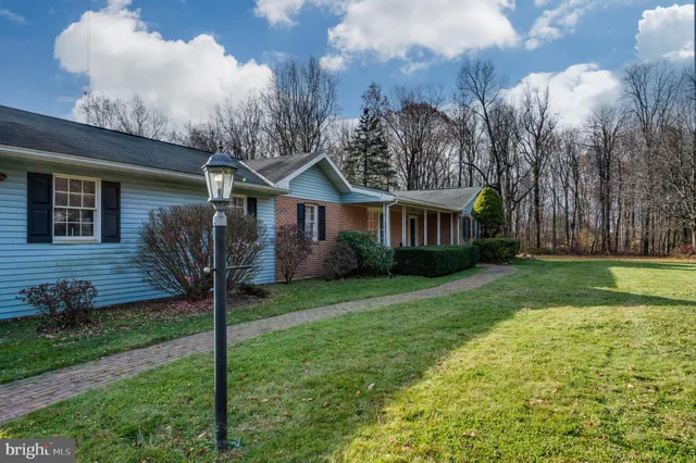 a backyard of apartments with large trees
